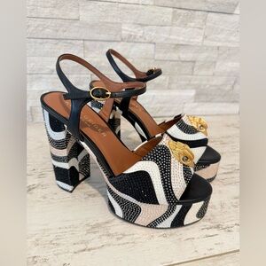Kurt Geiger London SZ 37 Kensington Rhinestone Platform Sandals Black Bone Swirl